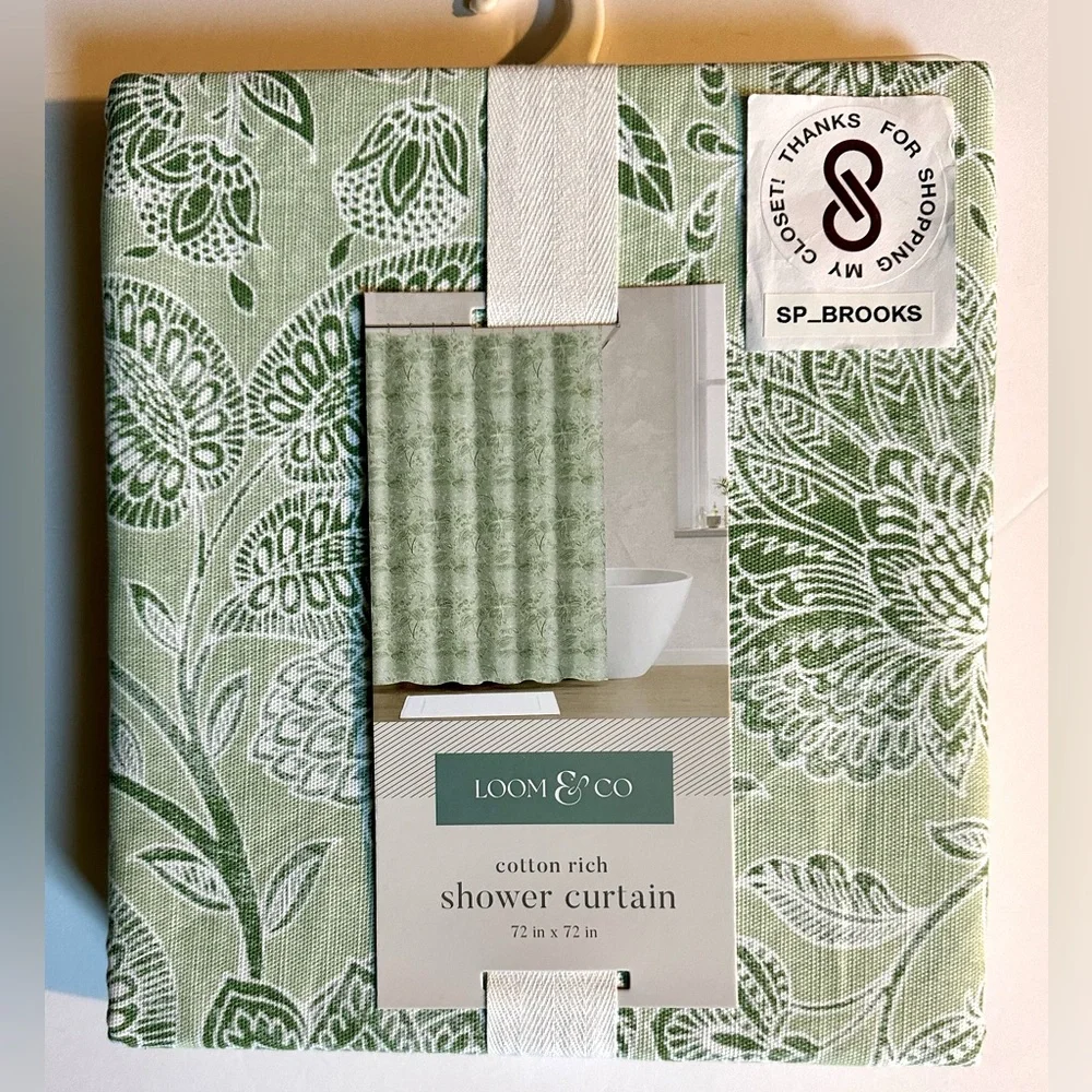 🎁LOOM & CO Shower Curtain - Cotton & Polyester - Green & White - 72” x 72”
